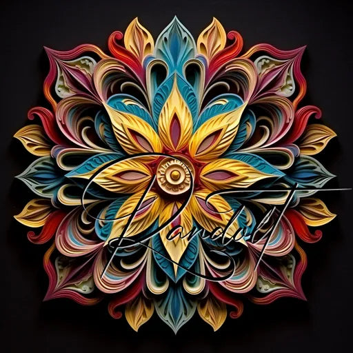 Intricate quilled paper art featuring layered floral and petal designs in vibrant colors on a dark background.