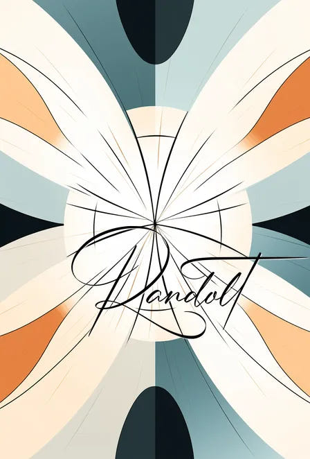 Abstract design with radial lines and curves in shades of blue, orange, and cream featuring the word 'Randal' in script.