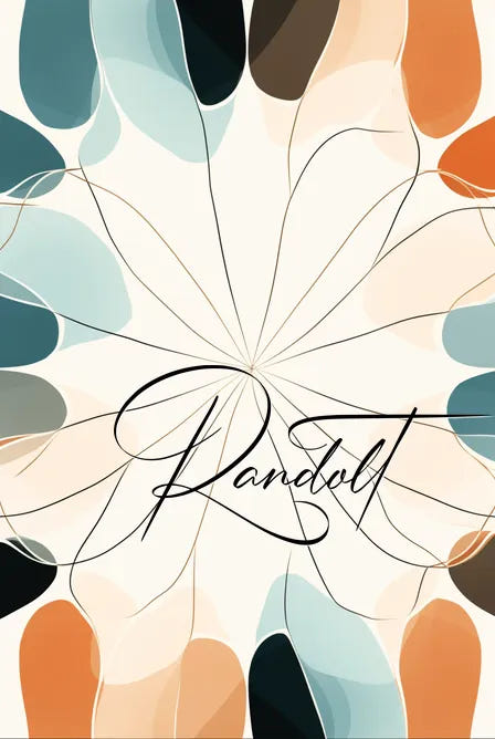 Abstract floral design with curved petals in blue, orange, and beige hues and script text overlay.