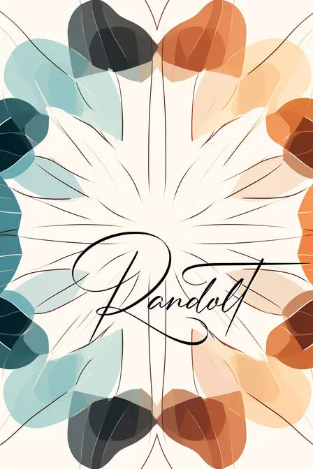 Colorful abstract leaf pattern with blue, teal, orange, and brown hues. "Randolt" text in elegant script at center.