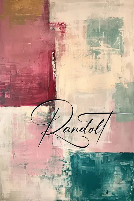 Abstract painting with blocks of pink, green, and beige, overlaid with the word 'Randolt' in cursive script.