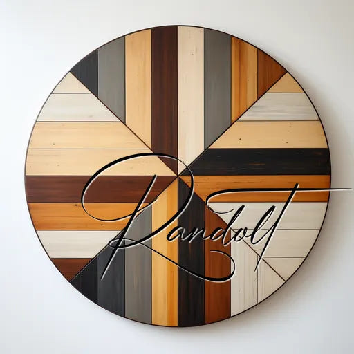 Circular wooden wall art with geometric patterns in various wood tones and the word 'Randolt' across it.