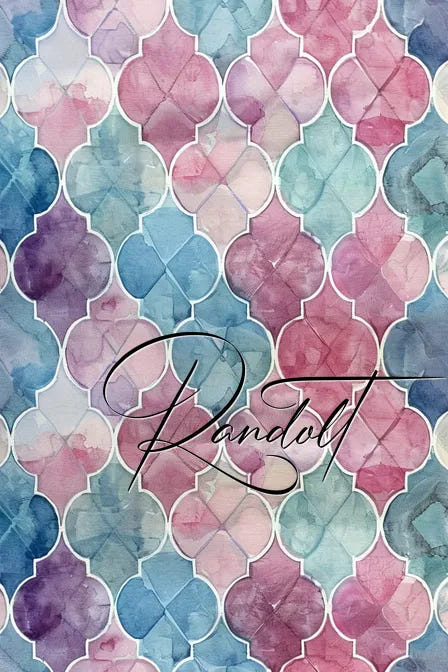 Abstract watercolor pattern with interlocking geometric shapes in pastel pink, blue, and teal hues.