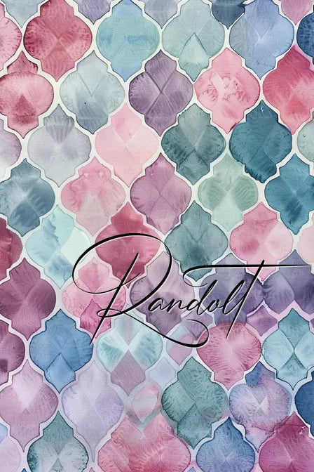 Colorful mosaic pattern with shades of pink, blue, purple, and green, overlaid with elegant cursive text.