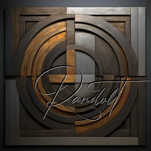 Geometric wooden art with circular and square patterns in dark and light shades, signed "Randolf."