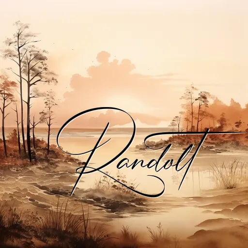 Serene landscape with trees and a lake at sunset, featuring the word 'Randolt' in elegant script.