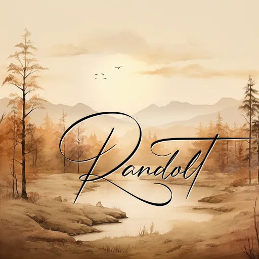 Serene autumn landscape with distant mountains and trees, featuring elegant cursive text "Randolt."