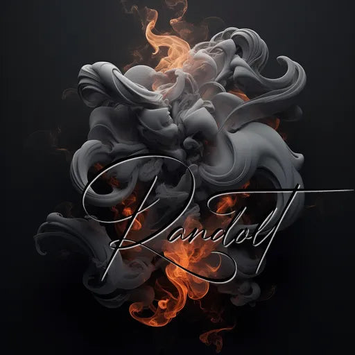 Abstract 3D smoke design with swirls in shades of grey and orange on a dark background, featuring the word 'Randot'.