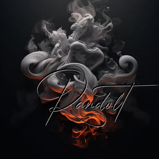 Abstract design with swirling grey smoke and a fiery orange glow, overlaid with elegant script text.