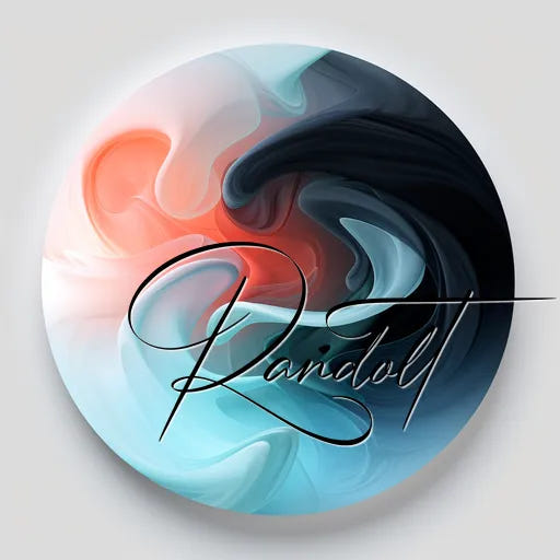 Abstract swirl design with black, coral, and teal colors encircling the word 'Raidoll' in elegant script.