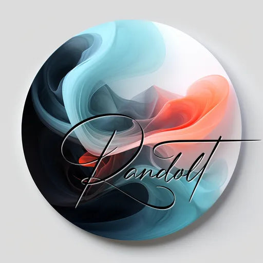 Circular abstract art with swirling blue, black, and red hues; cursive signature overlay.