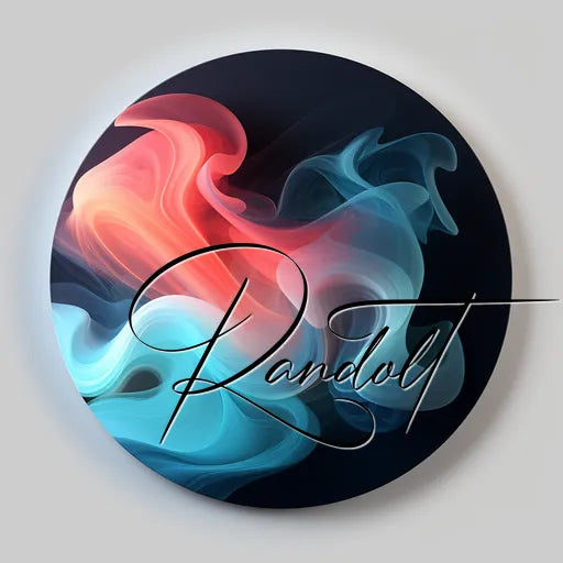 Circle art with swirling red and blue smoke, black background, and elegant script text overlaying the design.