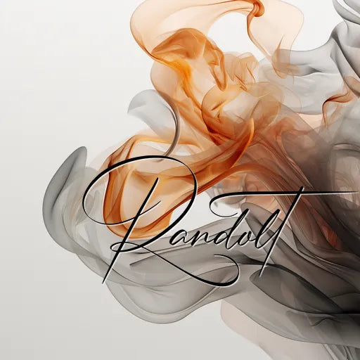 Abstract design with swirling orange and gray smoke with the word 'Randolt' in cursive text overlay.