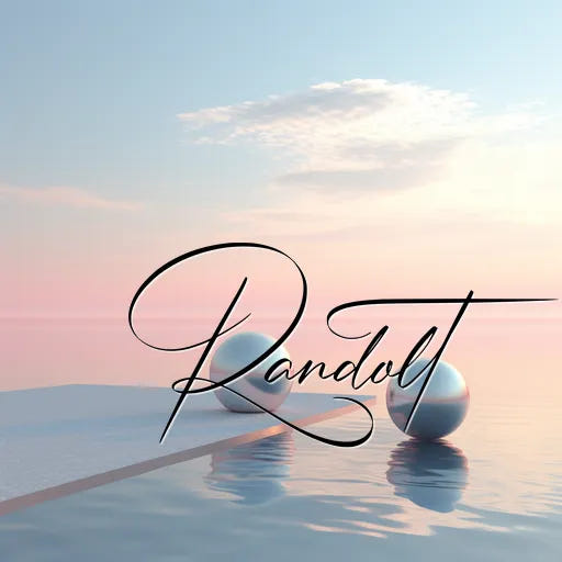 Elegant script 'Randolt' over a serene ocean scene with a white sphere reflecting sunset hues on water.