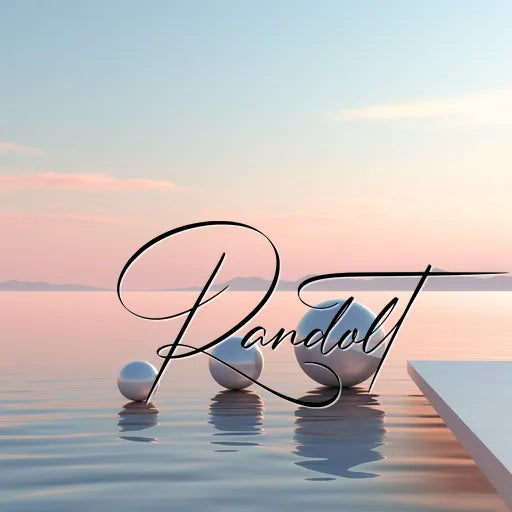 White balls on a reflective water surface with "Randolt" text overlay, against a pastel sunset sky backdrop.