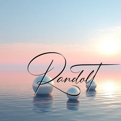 Three glossy spheres on calm water during sunrise with "Randall" in elegant script.