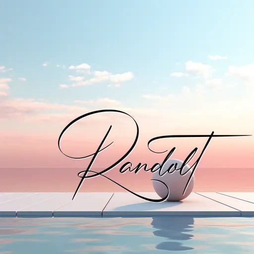 Serene seaside sunrise with "Randotl" in elegant calligraphy.