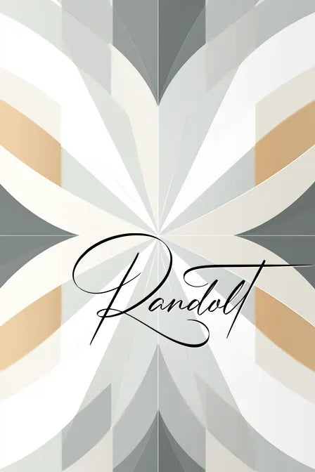 Geometric abstract art with overlapping leaves and neutral colors of white, beige, and gray. 'Randolt' text overlays.