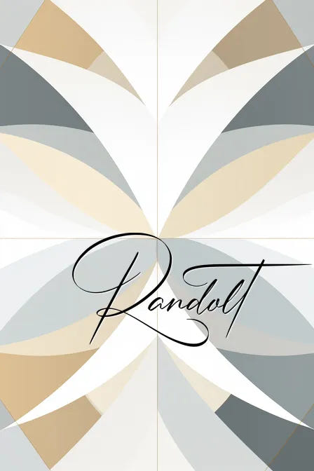 Geometric abstract art with overlapping beige and gray shapes, featuring the handwritten word 'Randolt' in black.