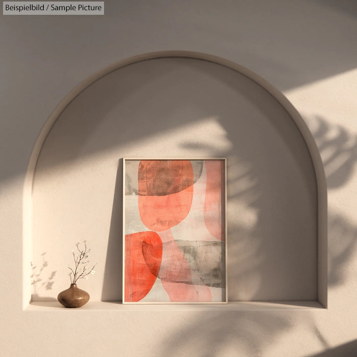 Framed abstract art with orange and gray shapes on a shelf, set against a curved alcove with a small vase.