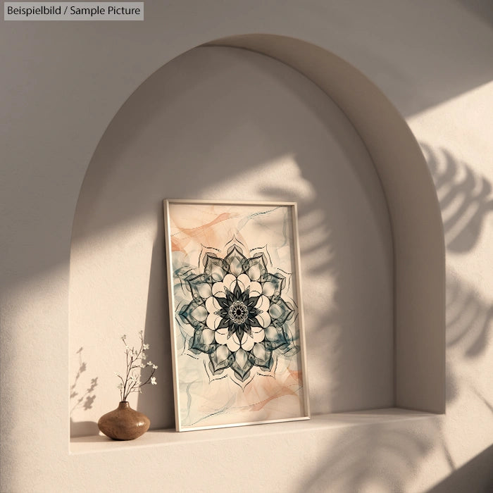 Framed abstract flower artwork on an arched niche shelf with soft natural light and shadows.