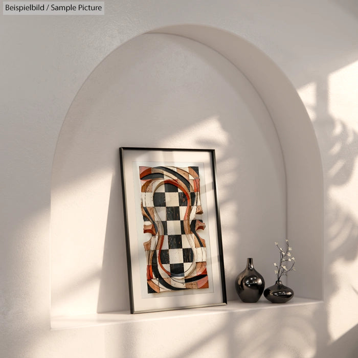 Framed abstract artwork on a white shelf with decorative vases, under a sunlit arched wall niche.