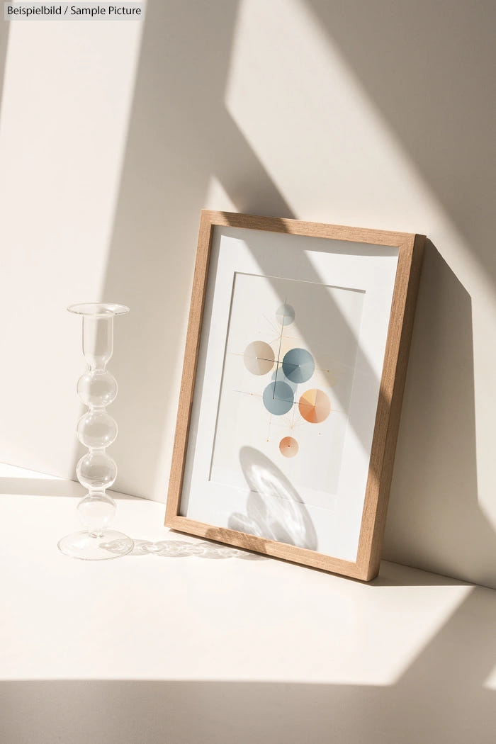 Framed abstract print with circles next to a glass candlestick on a white surface under soft sunlight.