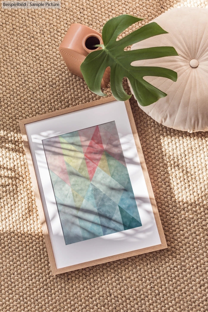 Framed geometric art print with pastel colors on textured beige rug, near a cushion and potted plant.