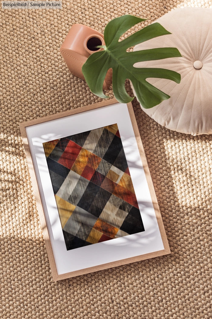 Geometric art print with orange and black plaid pattern, in wooden frame, on textured beige carpet with decor.