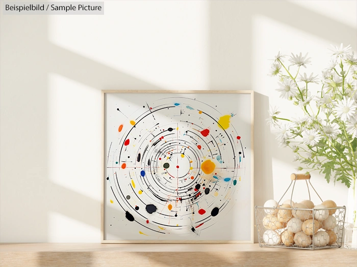 Abstract circular painting with colorful spots on a shelf beside a vase of white flowers and a basket of decorative spheres.