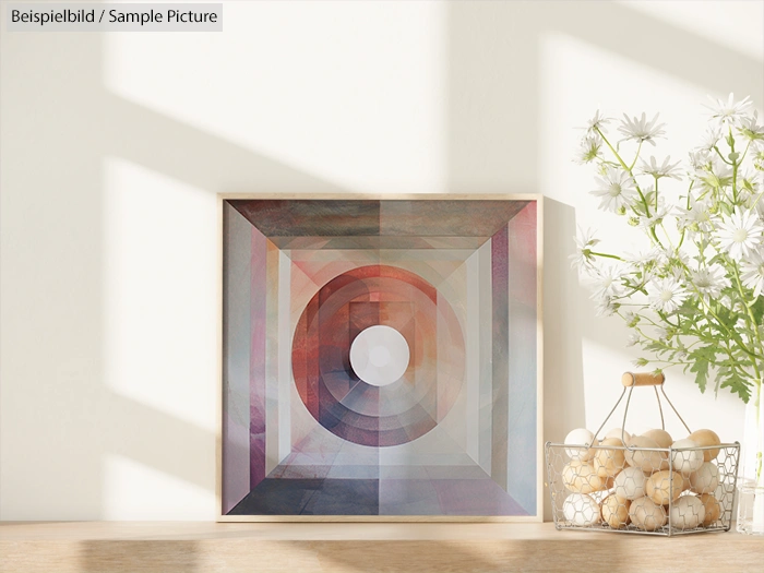 Geometric abstract print on wall beside a vase of white daisies and a wire basket of decorative spheres on a sunlit shelf.