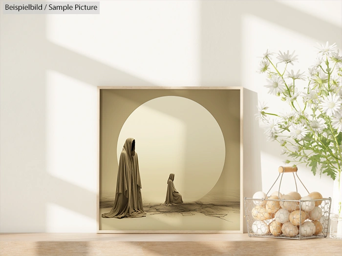 Framed sepia artwork of two figures in robes before a large circle, placed on a shadowy shelf beside a basket of flowers.