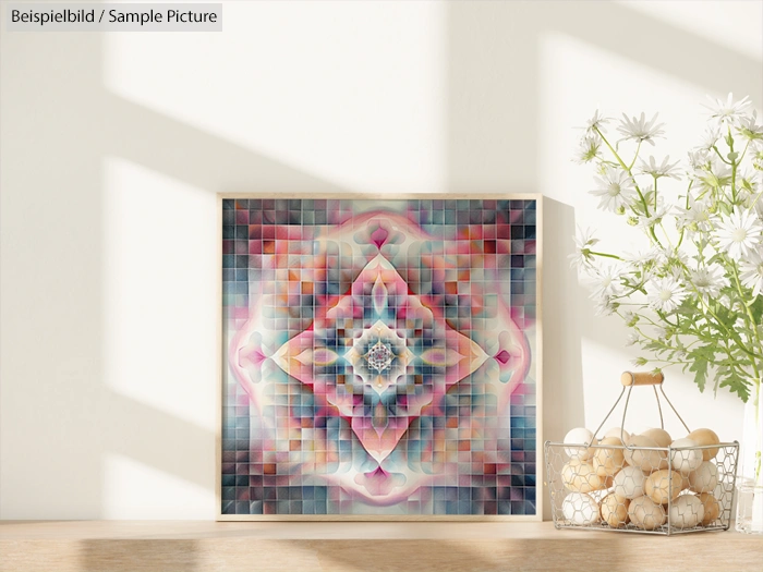 Geometric pastel artwork with floral and basket on wooden table under sunlight.