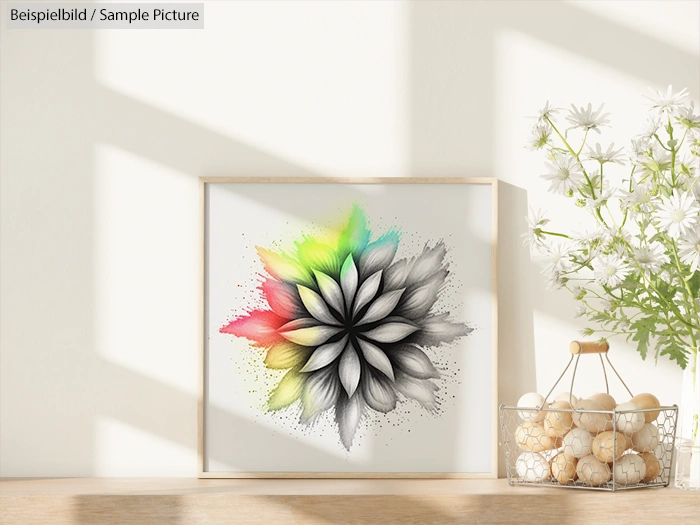 Framed grayscale leaf artwork with rainbow accents, displayed on a wooden desk with daisies and decorative spheres.