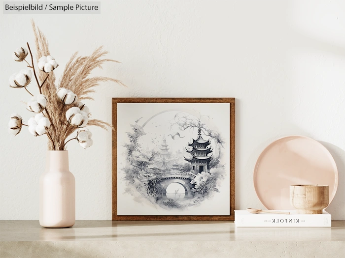 Minimalist interior with cotton plant vase and framed landscape art on cabinet.