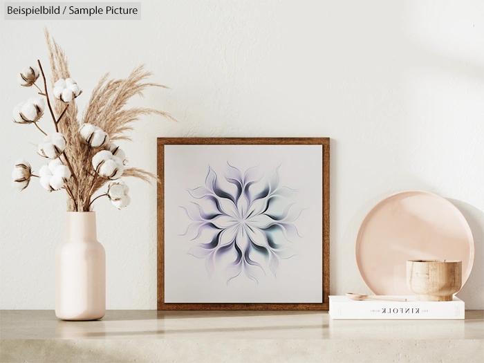 Elegant living room decor with framed abstract art, ceramic vase with dried flowers, and decorative plates on shelf.