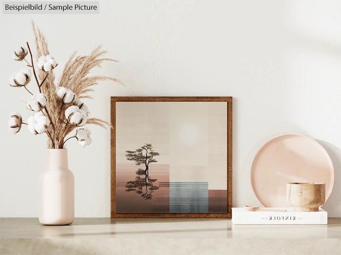 Minimalist decor scene with framed art, vase with cotton branches, and stacked books on a light-toned surface.