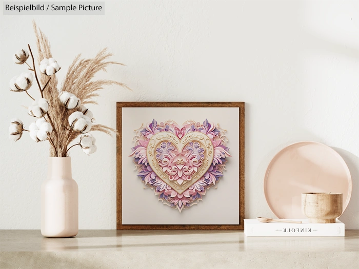 Framed heart-shaped art with floral patterns on a shelf with vase of cotton branches and decorative plates.