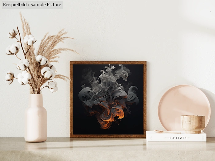 Decorative wall art with smoky design, displayed on a shelf beside a vase of cotton stems and dried grasses.