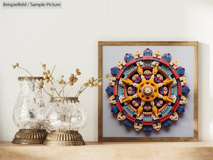 Framed colorful mandala artwork displayed on a shelf with decorative glass jars and dried flowers.