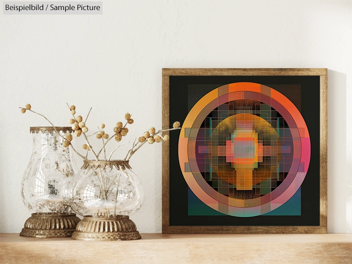 Geometric abstract art in circular frame, colorful layers; decorative glass vases with dried plants on wooden shelf.