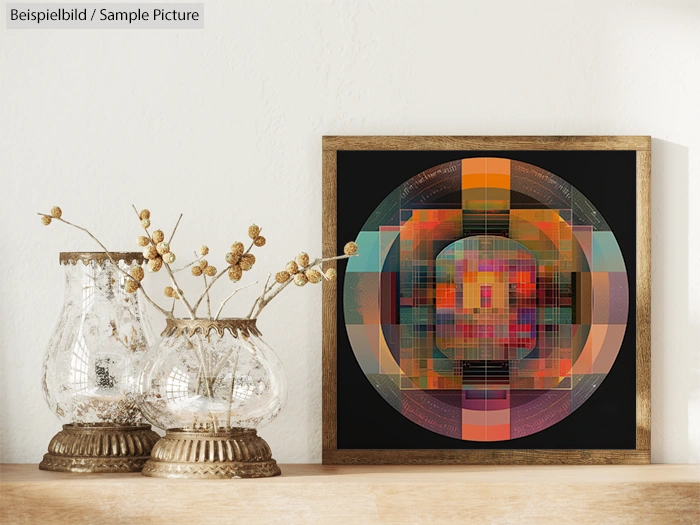 Geometric abstract art in a wooden frame on a shelf with decorative glass vases and dried flowers.