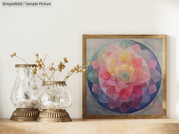 Framed geometric mandala art with glass vases and dried floral arrangement on a wooden shelf.