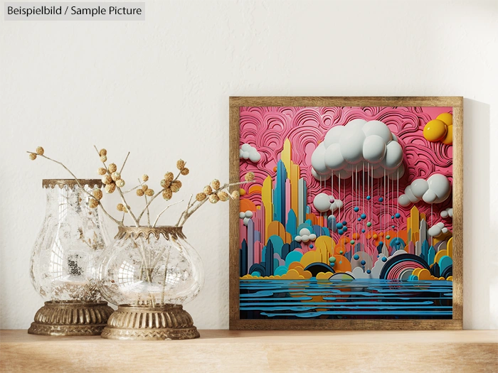 Vibrant abstract painting with clouds, pink sky, and colorful skyscrapers on a wooden shelf beside glass vases.