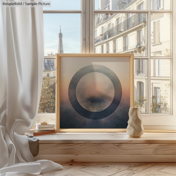 Framed abstract art on windowsill with Eiffel Tower in the distant Parisian skyline.