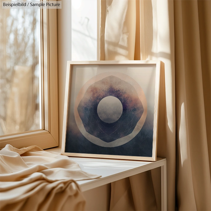 Framed abstract artwork with circular design, leaning on sunlit window sill with beige curtains.