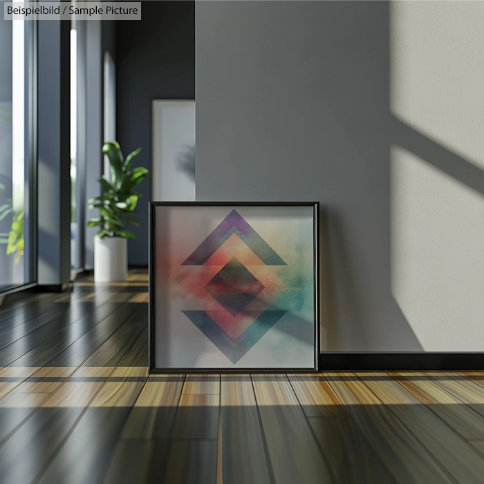 Framed geometric artwork with triangles, leaning against a sunlit wall on a wood floor in a modern interior.