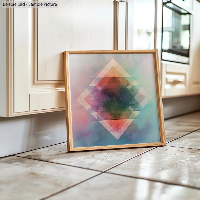 Framed abstract geometric art with colorful layered triangles leaning against a kitchen cabinet.