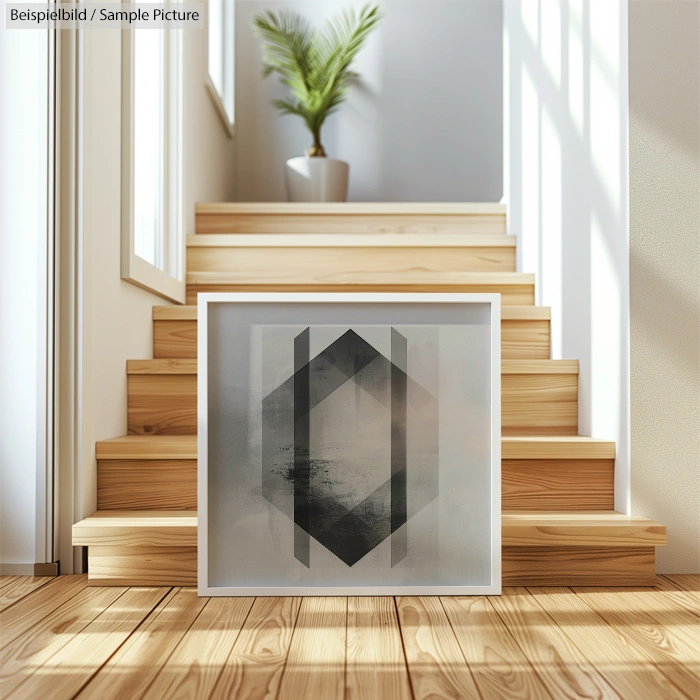 Modern abstract art on stairs in sunlit room with plant; geometric shapes in black and gray forming an abstract design.