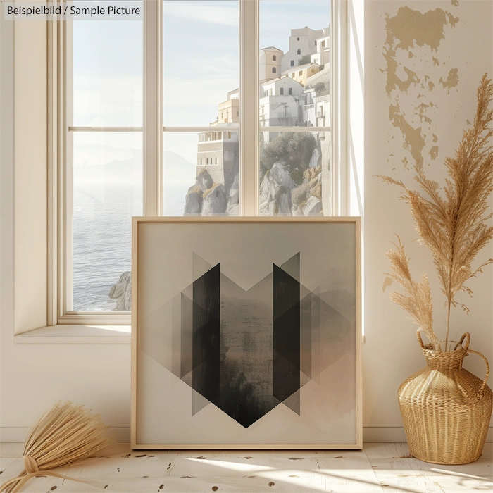 Abstract geometric artwork in frame next to large window overlooking coastal houses and sea, with decorative plants nearby.